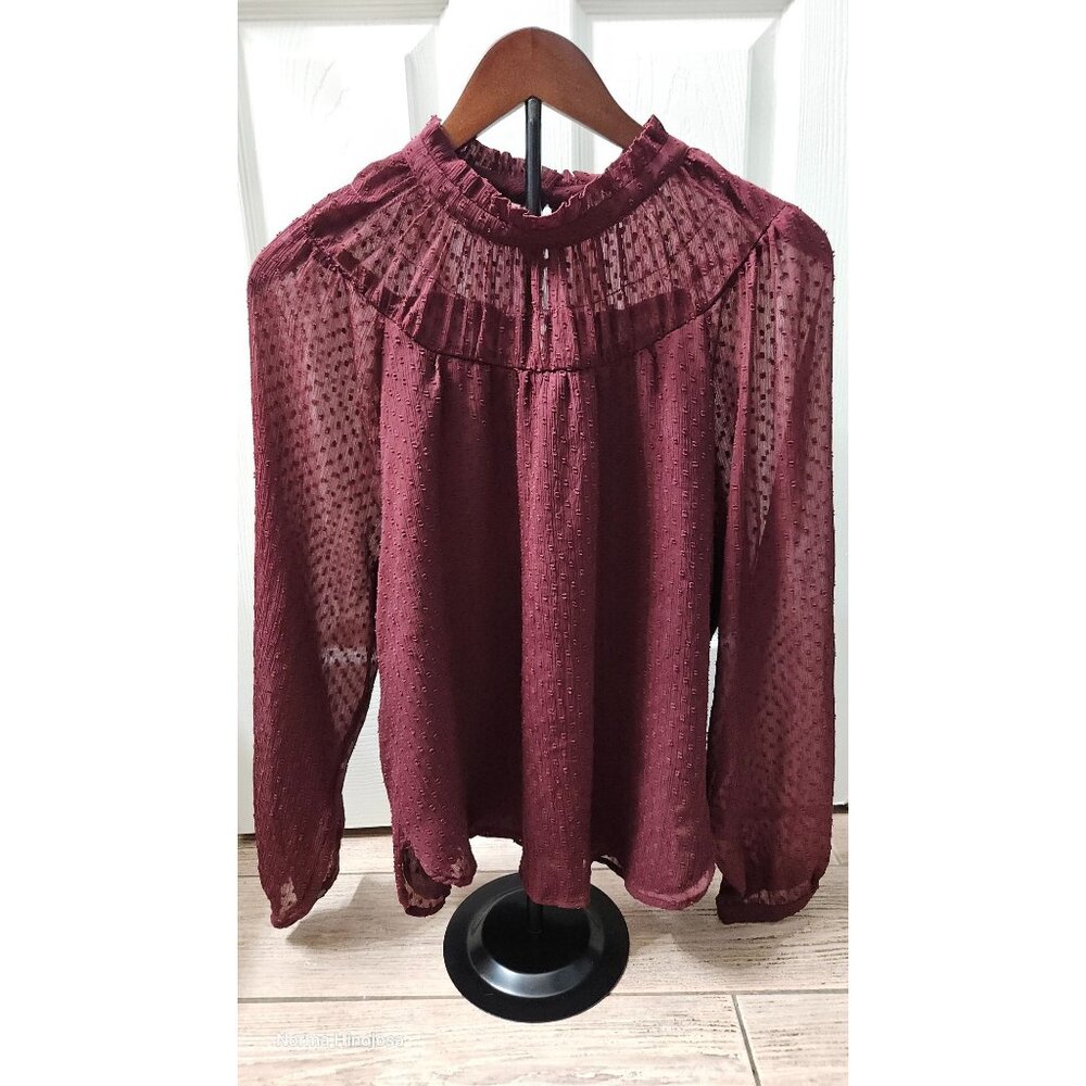 Loft Burgundy Textured Sheer Button-Back Long Sleeve Top Size L Womens